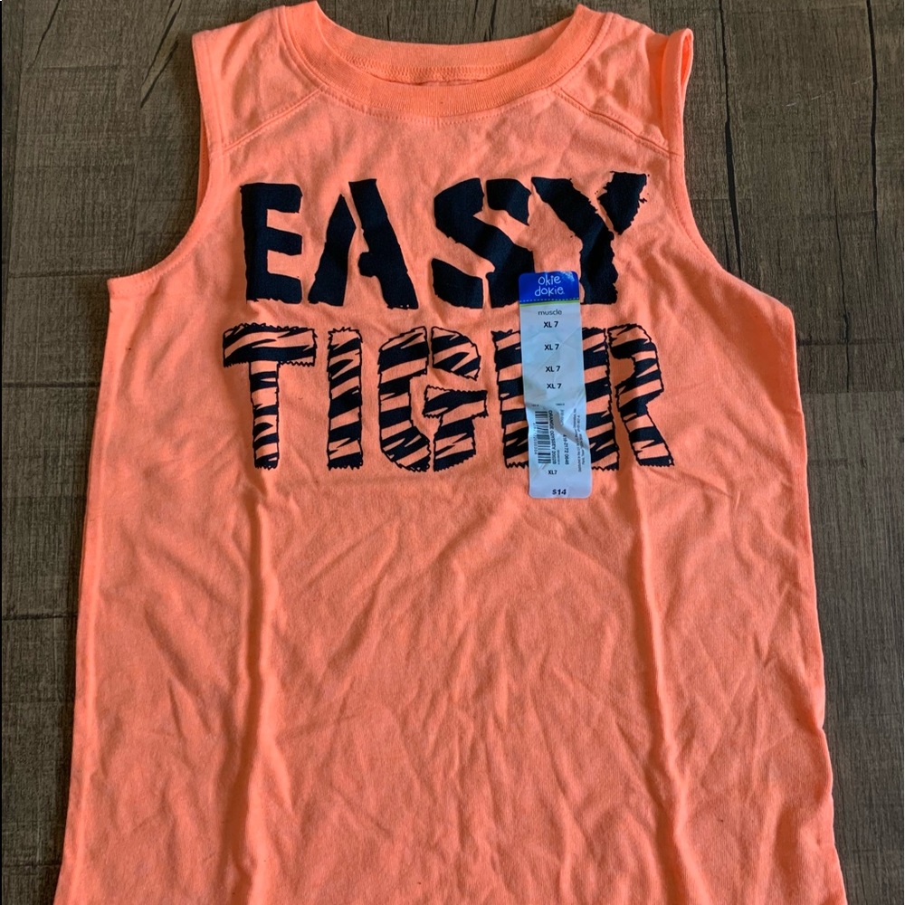 Kids orange muscle tank w easy tiger graphic